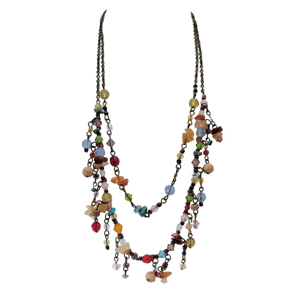 Premier Design Gold Tone Glass Bead Stone Chip Duo Strand Chain Necklace E947